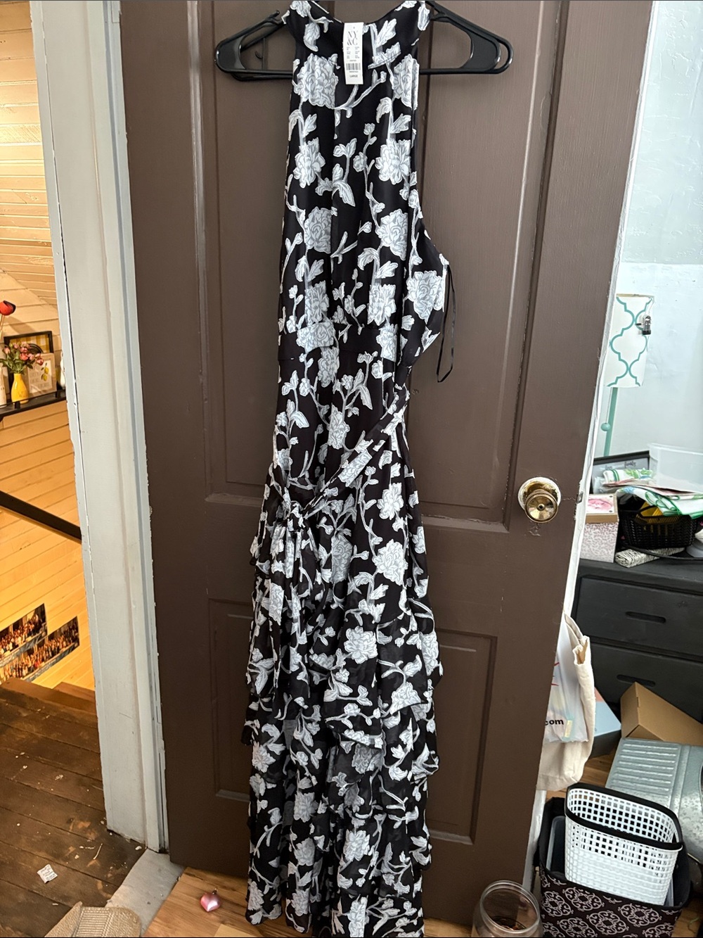 New York & Company Black and White Floral Halter Maxi Dress